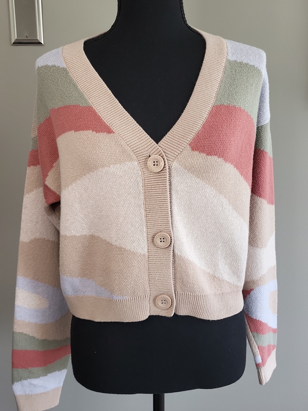 Hollister M Cropped Cardigan Sweater Earth Tone Striped Boho Button Front
